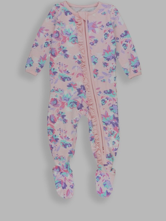 Ruffle Butts Pink Floral Footed One-Piece with Purple & Teal Blooms - Picture 6 of 6